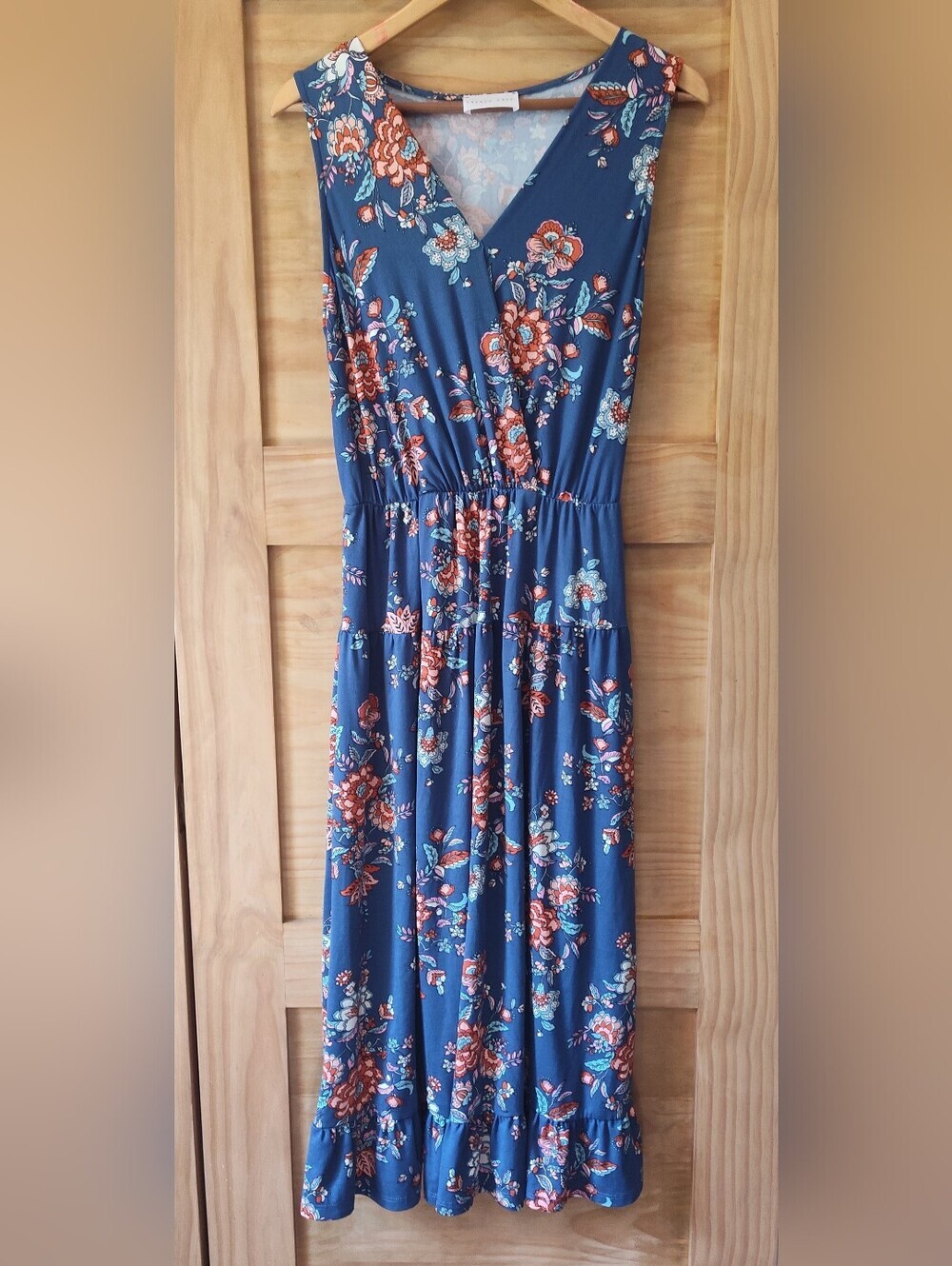French Grey Country Chic Blue Floral Soft Girl Maxi Romantic Dress | Medium